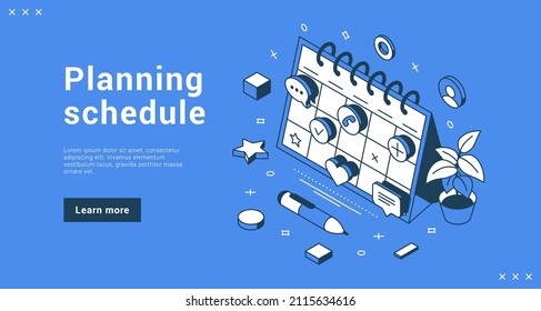 Planning schedule filling important meeting and events campaign internet banner landing page isometric vector illustration. Calendar business organizing process with memo message office working