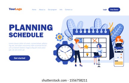 Planning schedule flat landing page template with header. Work time use optimization web banner, homepage design. Workflow, working hours vector illustration. Scheduling, time management concept