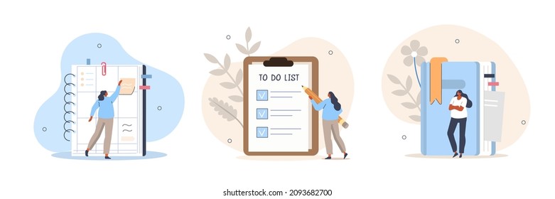 Planning schedule illustration set. Characters writing notes, putting stickers and filling to do list in daily planner or personal organizer. Daily reminder concept. Vector illustration.