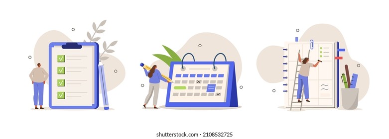 Conjunto de ilustraciones de planificación de planificación. Caracteres escribiendo notas y poniendo pegatinas en el calendario, rellenando para hacer lista y planificando diariamente. Concepto de planificación diaria. Ilustración vectorial.