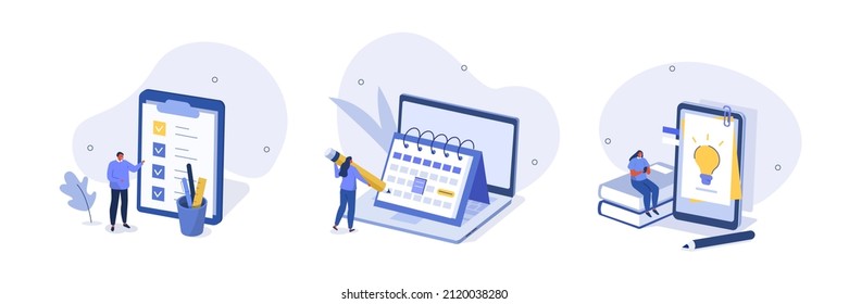 
Planning schedule illustration set. Characters writing notes and putting stickers on calendar, filling to do list and creative diary. Daily planning concept. Vector illustration.
