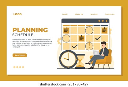 Modelo de página inicial da agenda de planejamento. Empresário trabalhando com laptop e planejamento de programação. Conceito de gerenciamento de tempo.