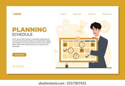 Modelo de página inicial da agenda de planejamento. Empresário trabalhando com laptop e planejamento de programação. Conceito de gerenciamento de tempo.