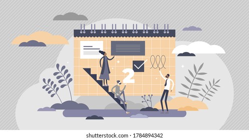 Planning with schedule notes as reminder on calendar flat tiny persons concept. Project information message pinned on abstract memo document vector illustration. Writing business strategy on paper.