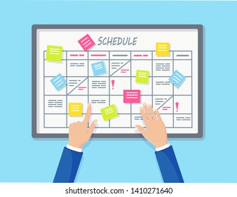 Planning schedule on task board concept. Planner, calendar on whiteboard. List of event for employee. Teamwork, collaboration, business time management concept. Vector flat design