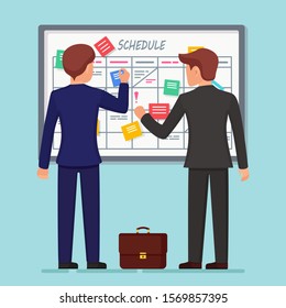 Planning schedule on task board concept. Planner, calendar on whiteboard. List of event for employee. Teamwork, collaboration, business time management concept. Vector flat design