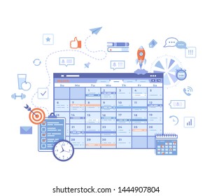 Planning Schedule Online web page interface planner, organizer, calendar, project plan with tasks and reminders. App, strategic, time management. Vector illustration on white background. 