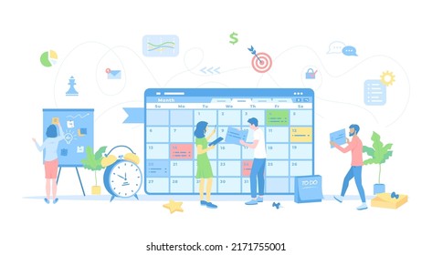 Planning schedule. Online web page interface planner, organizer, calendar, project plan. People work together filling out the schedule, set tasks and reminders. Vector illustration flat style.