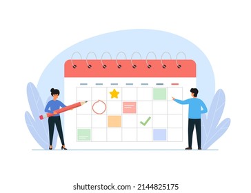 Planning schedule, organization of task on huge calendar. Planning strategy and time management. Vector Illustration.