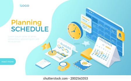 Planificación, Programación. Organización del calendario, recordatorios y tareas. Planificador de la interfaz de la página web de la aplicación en línea, calendario de escritorio. Isometric vector ilustración para sitio web.