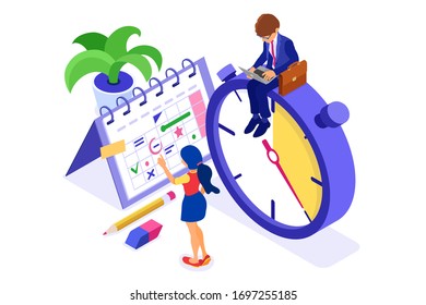 Planning schedule time management businessman planning work from home with stopwatch girl picks goals on schedule calendar deadline time isometric infographics business isolated vector illustration