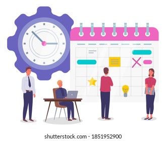 Planning schedule and time management concept banner, man and woman doing organization. Business people meeting, timetable formation implementation a project. Presentation with characters and clock