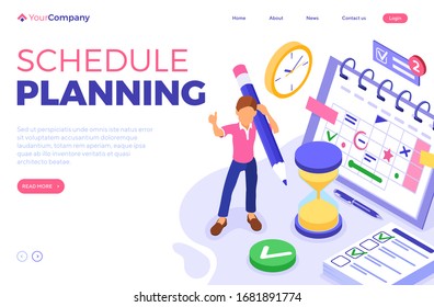 Planning schedule time management and planning with deadline time isometric infographics business landing page template vector illustration