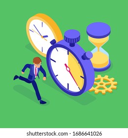 Planning schedule time management with stopwatch clock and hourglass businessman trying catch everything before deadline time isometric infographics business isolated vector illustration