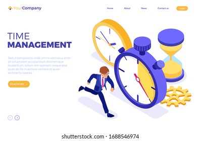 Planning schedule time management with stopwatch clock and hourglass businessman trying catch everything before deadline time isometric infographics business landing page isolated vector illustration