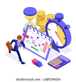 Planning schedule time management with stopwatch schedule calendar and hourglass businessman with briefcase in hurry before deadline time isometric infographics business isolated vector illustration