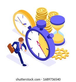 Planificación de la gestión del tiempo con reloj cronometrado y empresario de vidrio horario con maletín apresurado antes de la fecha límite tiempo infografía isométrica aislada ilustración vectorial