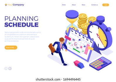 Planning schedule time management with stopwatch schedule calendar and hourglass businessman with briefcase in hurry before deadline time isometric landing page business isolated vector illustration