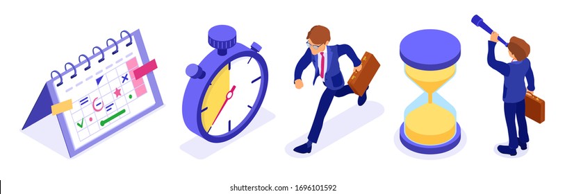 Planning schedule time management with stopwatch schedule calendar and hourglass businessman with briefcase and spyglass for new opportunities. deadline time isometric business isolated vector