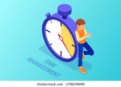 Planning schedule time management with stopwatch and man with tablet before deadline time isometric infographics business isolated vector illustration