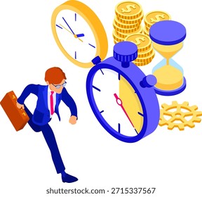 Planning schedule time management Planning schedule time management with stopwatch clock and hourglass businessman with briefcase in hurry before deadline time isometric infographics business isolated vector illustration