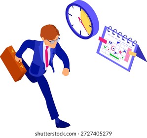 Planejamento cronograma gerenciamento de tempo Planejamento cronograma gerenciamento de tempo com cronômetro calendário e empresário com pasta com pressa antes do prazo tempo isométrico infográficos negócios isolado vetor ilustração