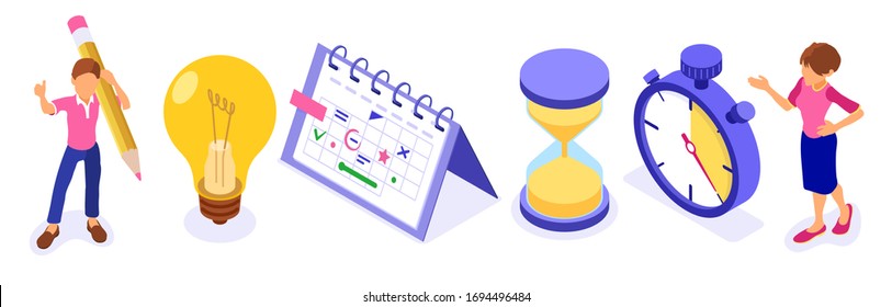 Planning schedule time management and planning work from home with stopwatch picks goals on schedule calendar deadline time isometric infographics business isolated vector illustration