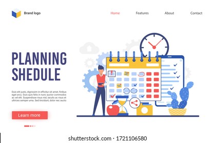 Planning schedule vector illustration. Cartoon flat businessman character makes plan of business work task in organizer reminder or planner. Interface website design for scheduling, timing strategy