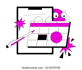 Planning and scheduling - colorful flat design style illustration with linear elements. Purple colored composition with calendar, tablet with sheet of paper and pen. Important date and management idea