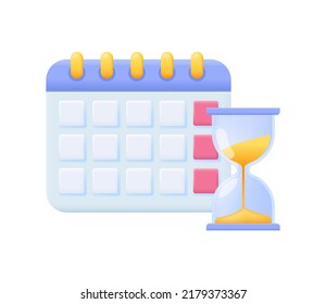 Planning and scheduling concept. Realistic 3d vector illustration for social media reminder, web site, banner, poster. Cartoon calendar and sandglass icon isolated on white background.