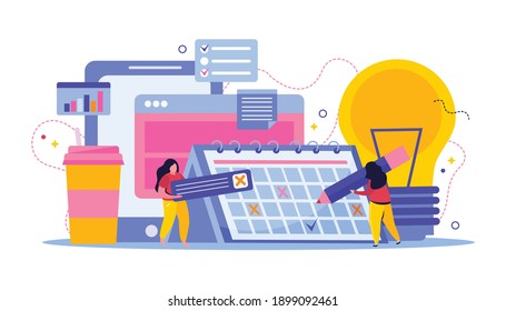 Planning and scheduling flat composition with people making cross marks in calendar computer windows and lamp vector illustration
