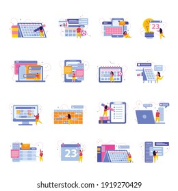 Planning and scheduling flat icons collection with people making changes in lists calendars and computer apps vector illustration