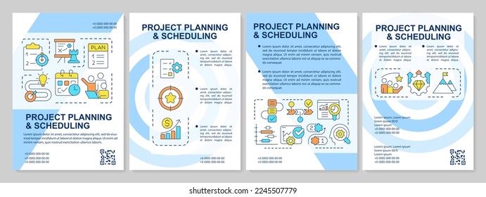 Planning and scheduling of project blue brochure template. Leaflet design with linear icons. Editable 4 vector layouts for presentation, annual reports. Arial, Myriad Pro-Regular fonts used