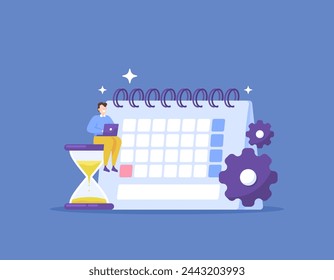 planning and scheduling. time management. control and use time as efficiently and effectively as possible. an employee who works sits on an hourglass and next to a calendar. illustration concept