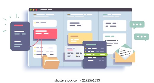 Planning scrum board application with business task cards, event reminder notes. Organizer app with appointments, messages. Project management, schedule software concept flat vector illustration