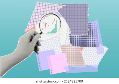 Planning, searching or registration of documents. Businessman viewing a graph through a magnifying glass, checking, analyzing financial data, dynamics of a growing graph, up arrow. Vector collage.