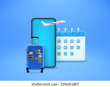 Planning season vacation concept with smartphone, suitcase and calendar. 3d vector illustration