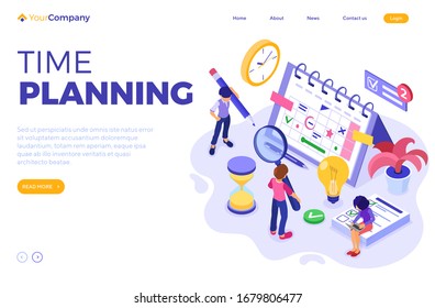 Planning shedule time management and planning with deadline time isometric infographics business landing page template vector illustration