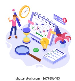 Planning shedule time management and planning with deadline time isometric infographics business vector illustration