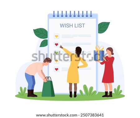 Planning shopping using wishlist, purchase planner. Tiny people check resolution on list with hearts, fill checklist form in paper notebook for buying gifts at shop cartoon vector illustration