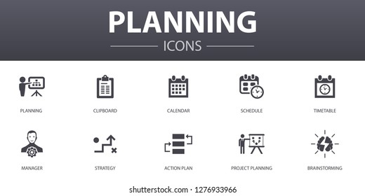 planning simple concept icons set. Contains such icons as calendar, schedule, timetable, Action Plan and more, can be used for web, logo, UI/UX