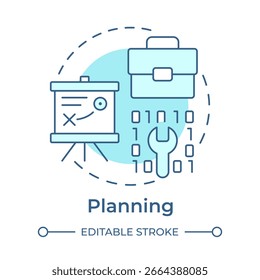 Icono de concepto azul suave de planificación. Estrategia empresarial, corporativa. Programación, codificación. Ilustración de línea de forma redonda. Abstractas idea. Diseño gráfico. Fácil de usar en infografía, presentación