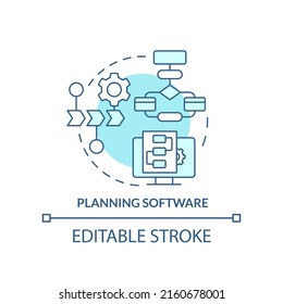 Planning software turquoise concept icon. Use models for project. Programming skill abstract idea thin line illustration. Isolated outline drawing. Editable stroke. Arial, Myriad Pro-Bold fonts used