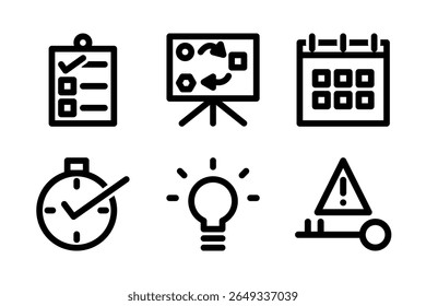 Conjunto de iconos de planificación y soluciones, que incluye lista de comprobación, planificación, programación, puntualidad, idea y solución. Perfecto para la gestión de proyectos, productividad, lluvia de ideas.