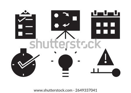 Planning and solutions icon set, including checklist, planning, schedule, on-time, idea, solution. Perfect for project management, productivity, brainstorming.