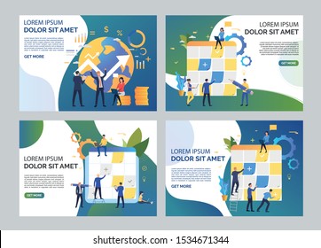 Planning startup illustration set. Office workers sticking notes on Kanban board, constructing financial growth chart. Business concept. Vector illustration for topics like finance, startup marketing