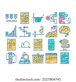 planning startup project strategy doodle icons set vector. sketch line art check list with task and calendar with deadline date for planning goal, success achievement financial contour illustrations