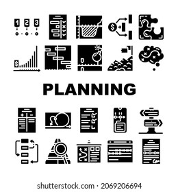 Planificar el vector de conjunto de iconos de estrategia de proyecto de inicio. Lista De Verificación Con Tarea Y Calendario Con Fecha Límite Para El Objetivo De Planificación, Logro De Éxito Depósito Financiero Pictogramas De Glifos Negro Ilustraciones