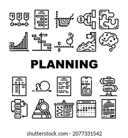 Symbole für die Planung der Projektstrategie festlegen Vektorgrafik festlegen. Checkliste mit Aufgabe und Zeitplan mit Terminfrist für Planungsziele, Erfolgsbilanz und Finanzeinlagenkontakte