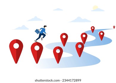 planning steps or progress concept, Roadmap, project milestones or business journey achievements, workflow or process timeline to success, businessman walking on location pins on business roadmap.